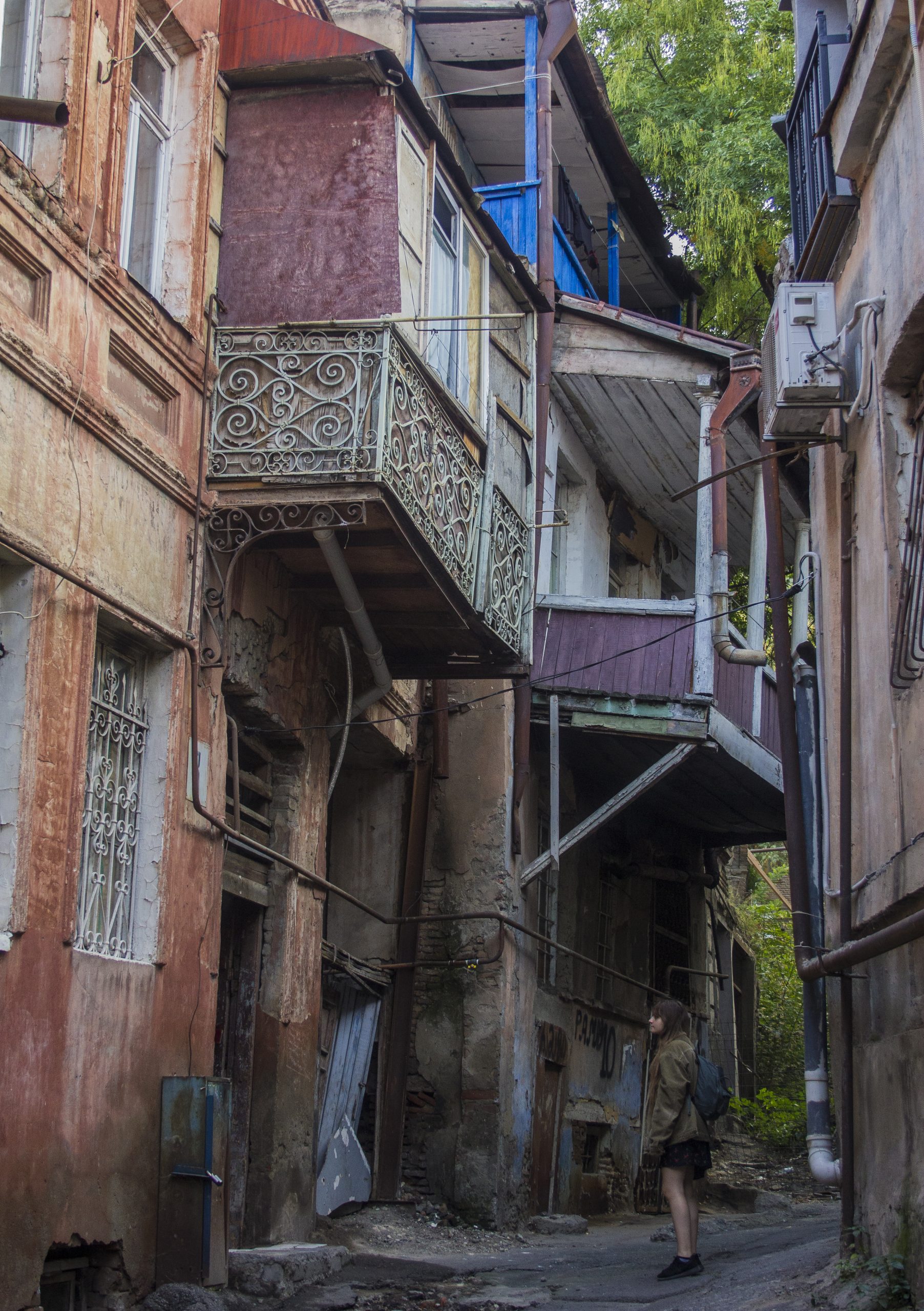 Historic balconies on a street in Tbilisi Old Town