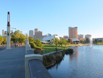 Adelaide skyline and the River Torrens at dusk