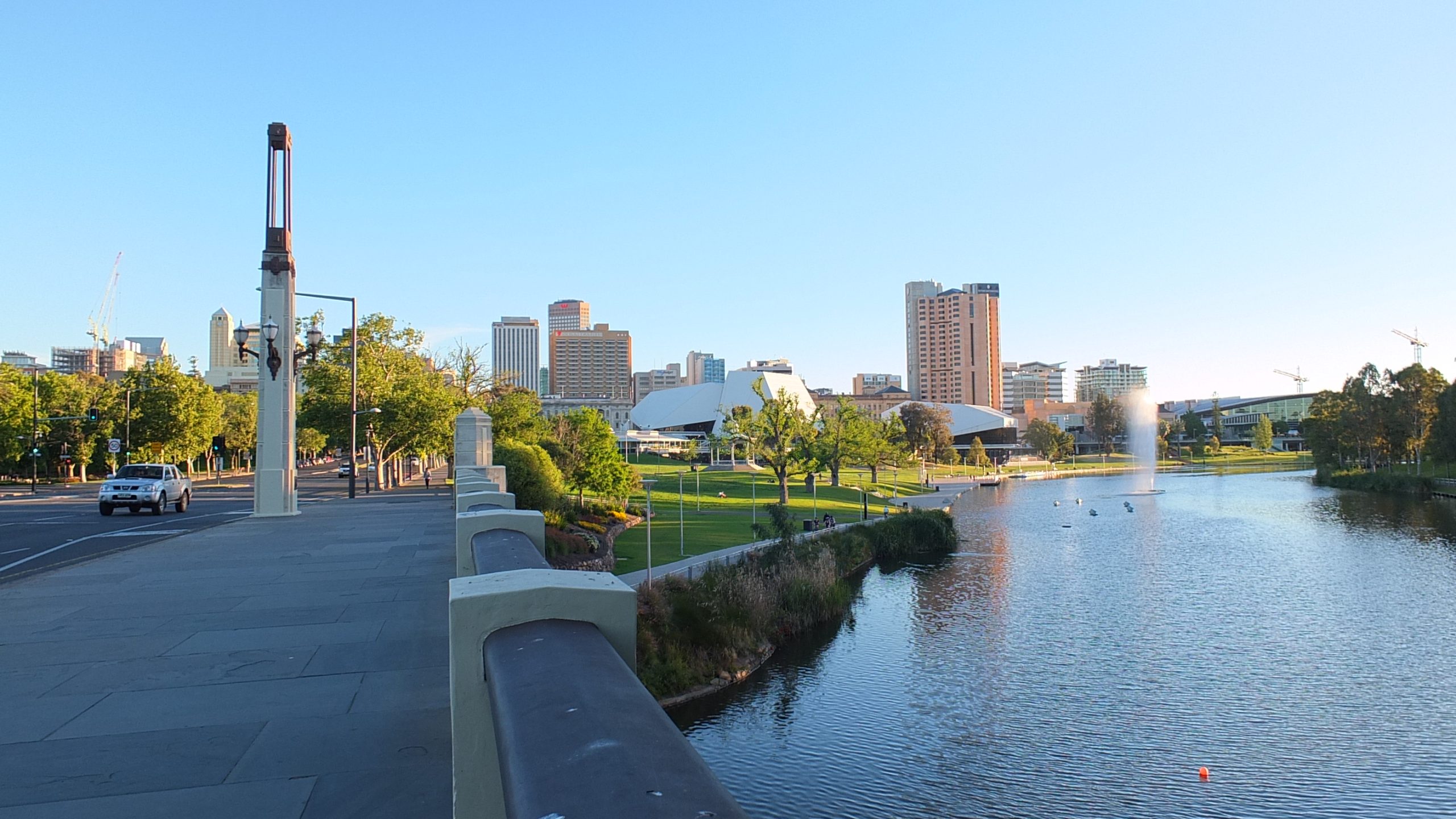 Adelaide skyline and the River Torrens at dusk
