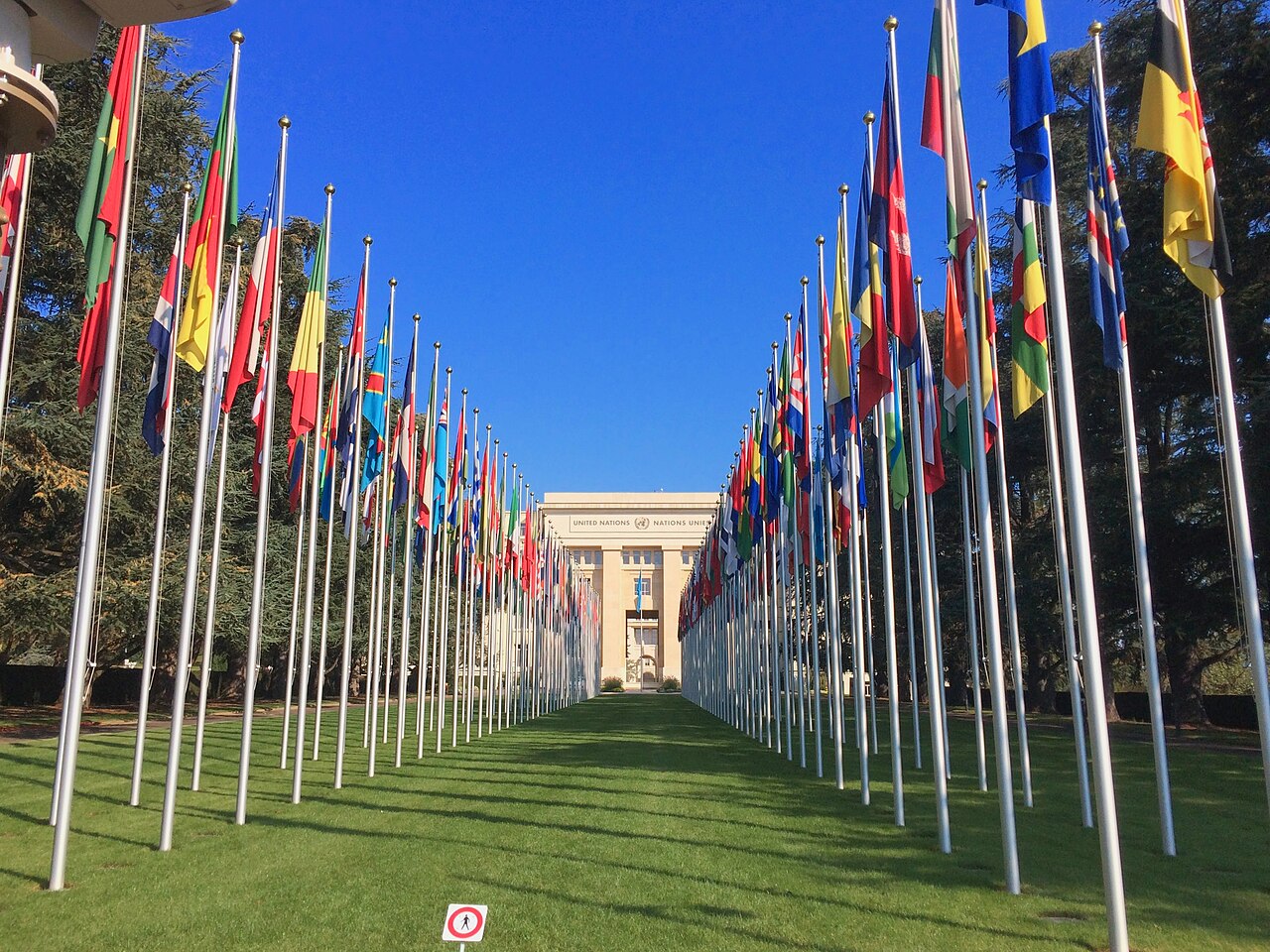 Flags outside the United Nations Office at Geneva